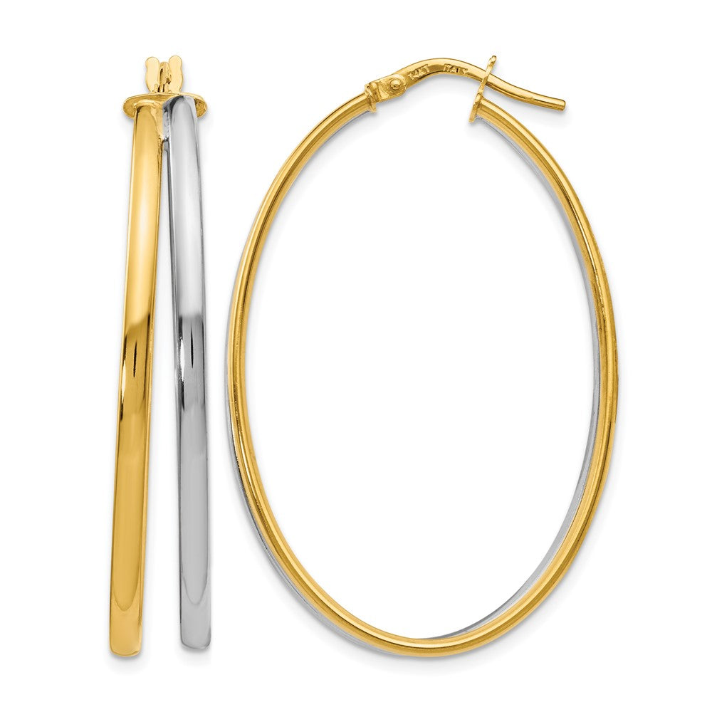 14K with Rhodium Polished Hoop Earrings, 44 x 7 mm