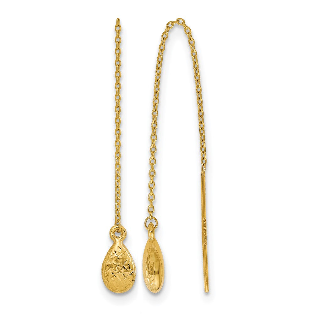 14K Polished and Textured Tear Drop Threader Earrings, 94 x 6 mm
