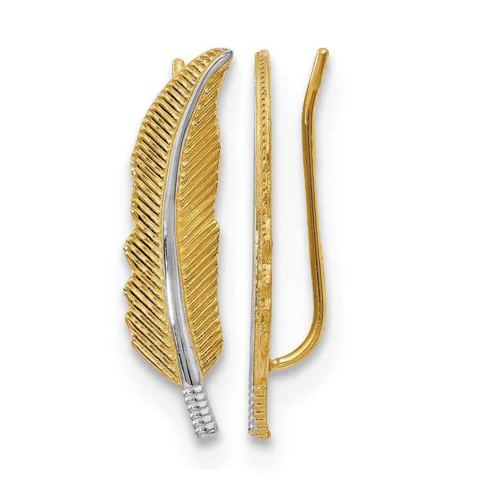 14K w/Rhodium Polished Feather Ear Climber Earrings, 22 x 20 mm