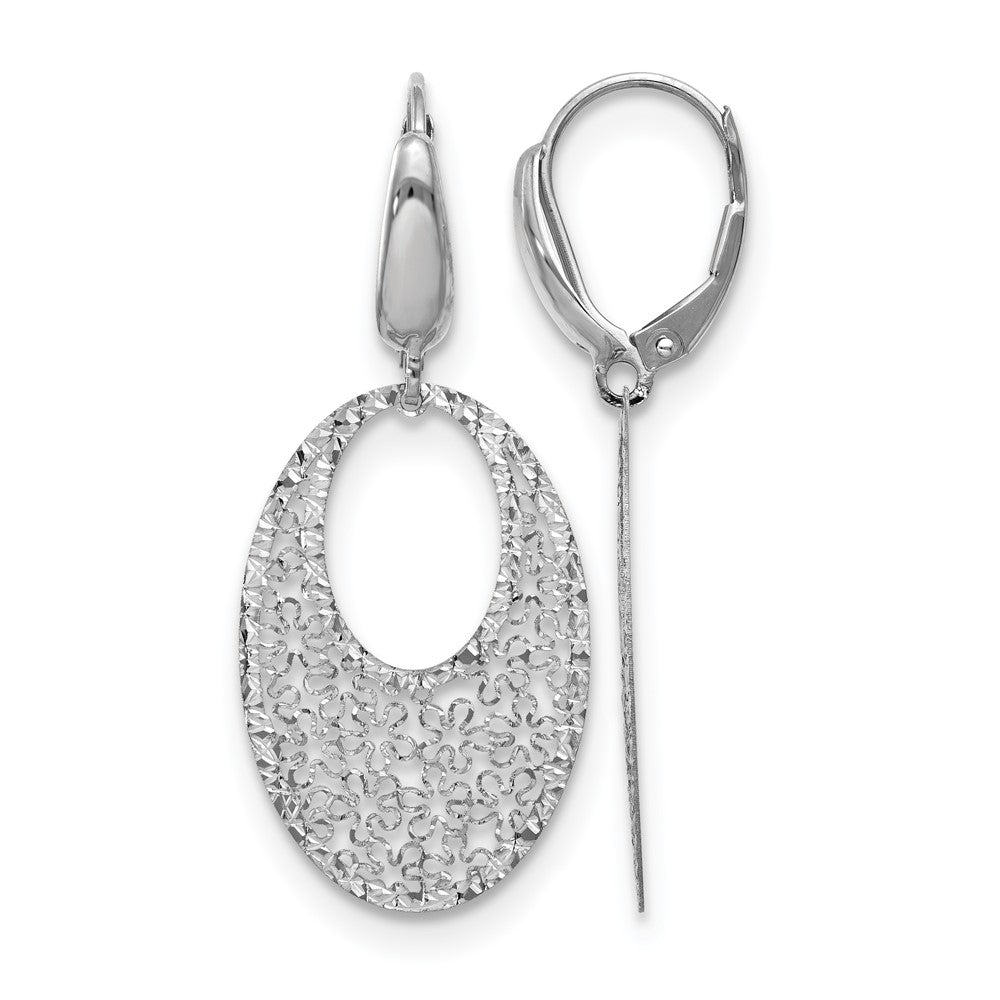 14K White Gold Polished and Textured Floral Leverback Earrings, 40 x 17 mm