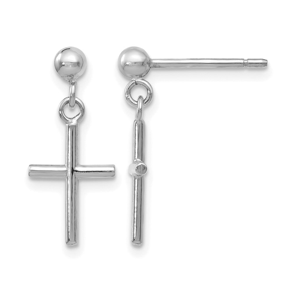 14K White Gold Cross Post Drop Earrings, 16 x 7.5 mm