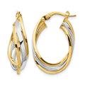 14K with Rhodium Polished Oval Hoop Earrings, 25 x 5.25 mm