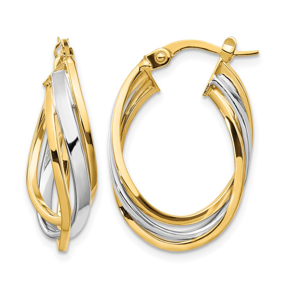 14K with Rhodium Polished Oval Hoop Earrings, 25 x 5.25 mm