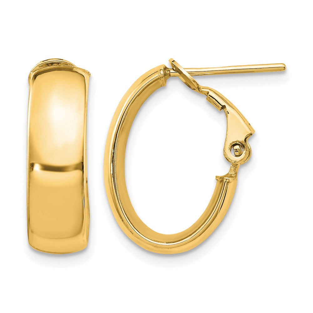 14K 6mm High Polished Oval Omega Hoop Earrings, 18 x 7.5 mm