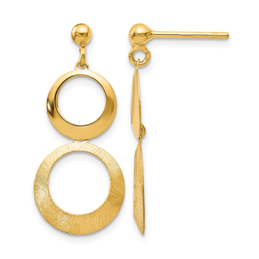 14K Polished and Scratch Finish Circle Post Dangle Earrings, 28 x 12 mm