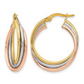 14K Tri-color Polished and Textured Twisted Hoop Earrings, 22 x 4.75 mm