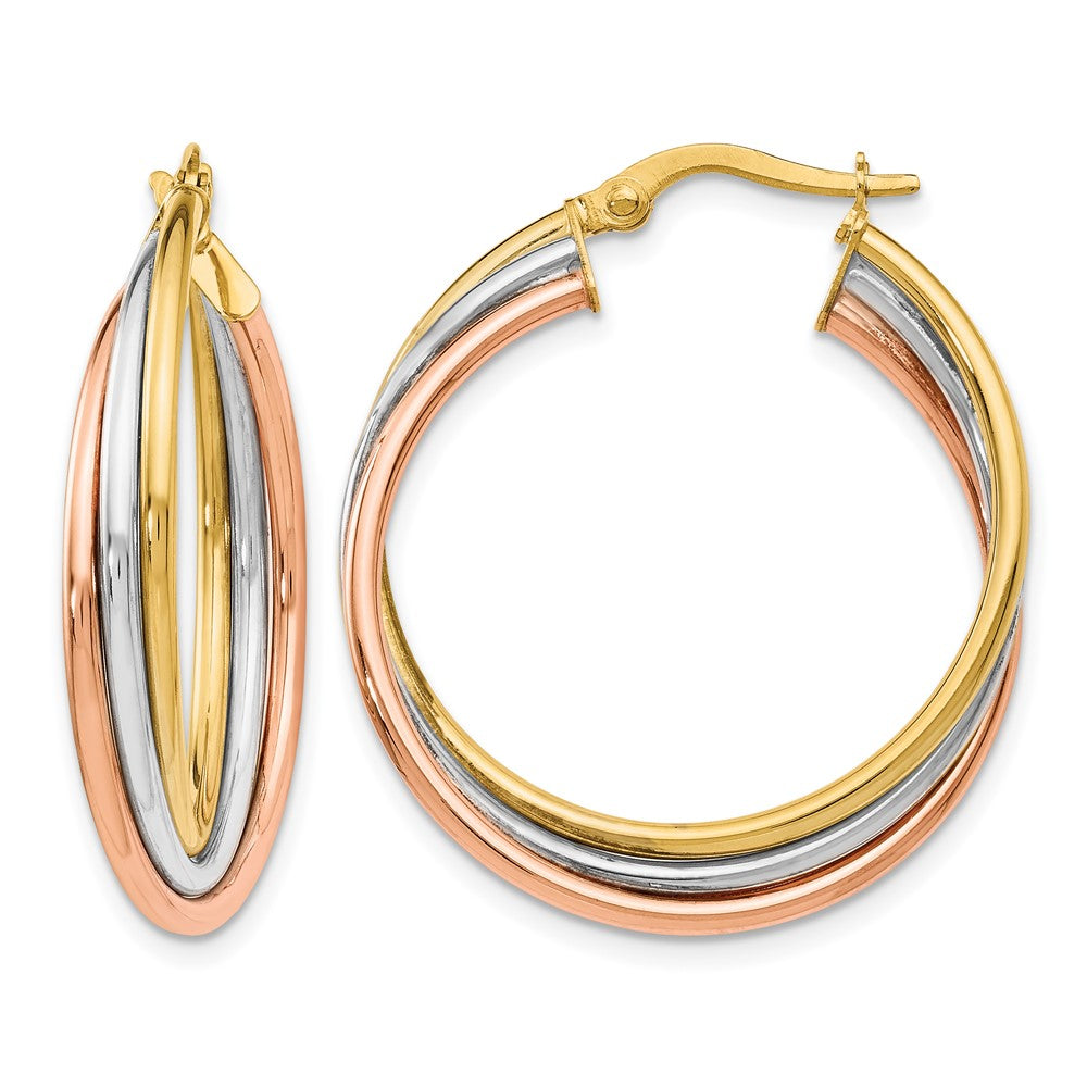 14K Tri-color Polished Twisted Hoop Earrings, 26 x 4.75 mm