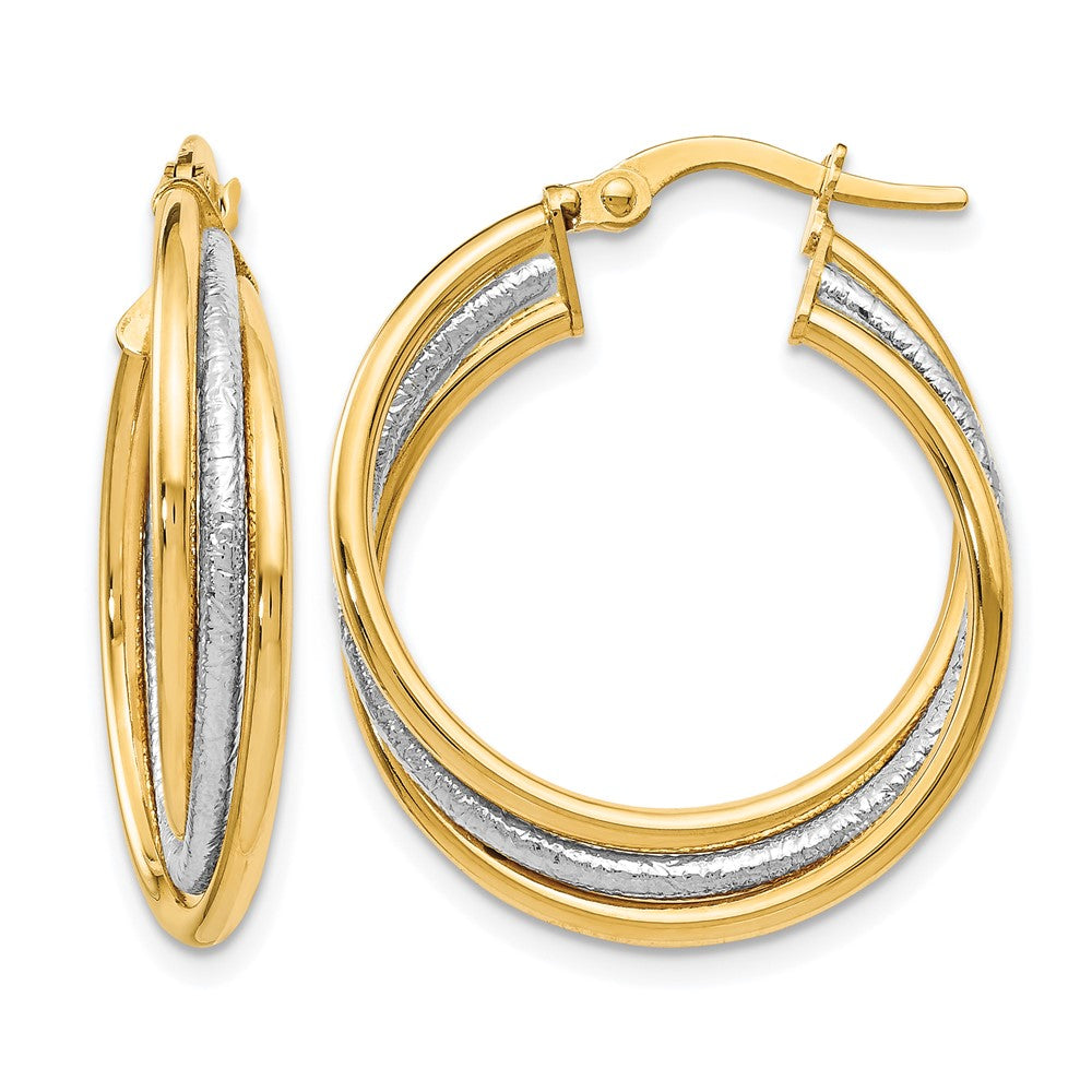 14K Two-tone Polished and Textured Twisted Hoop Earrings, 23 x 19 mm
