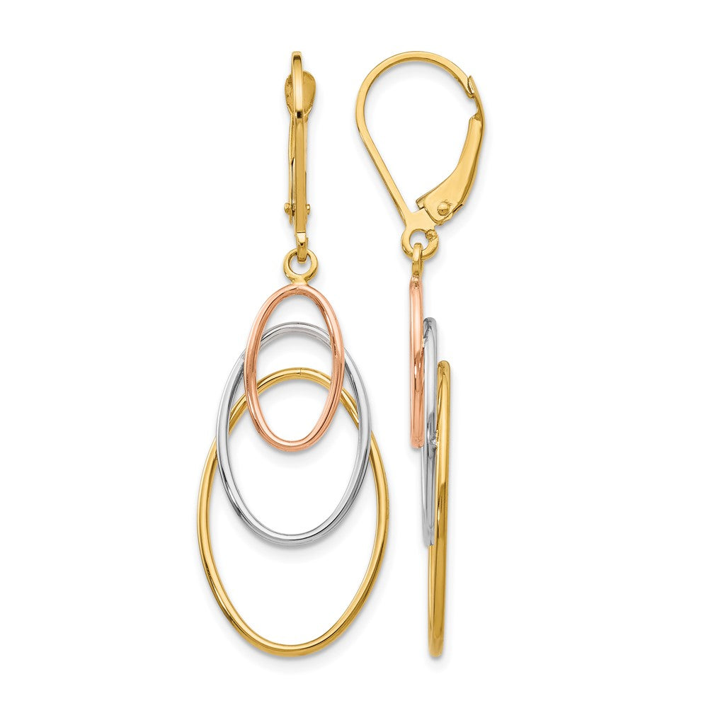 14K Tri-color Leverback Earrings, 45 x 15 mm