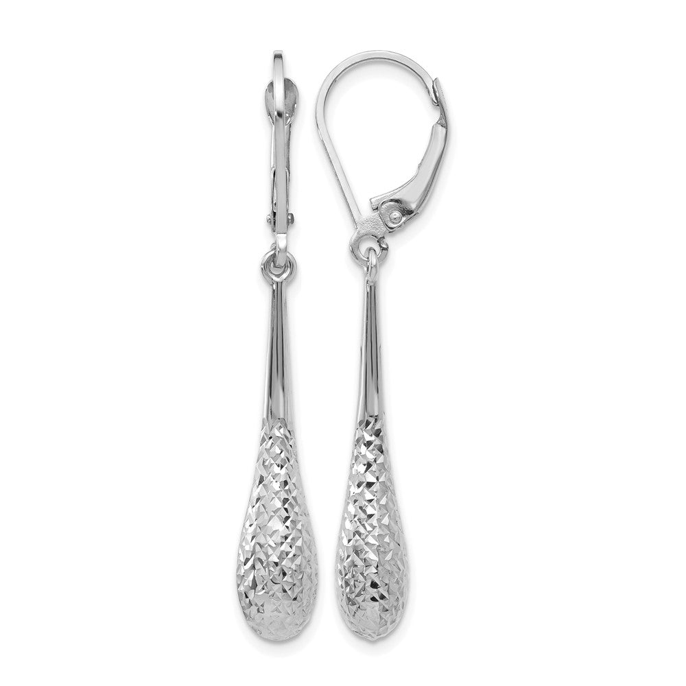 14K White Gold D/C Leverback Earrings, 44 x 5.5 mm