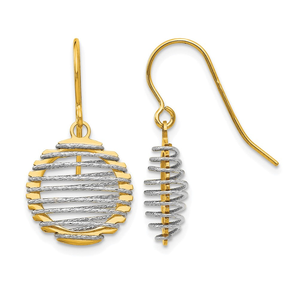 14K Two-tone Wire Wrapped Dangle Shepherd Hook Earrings, 22 x 12 mm
