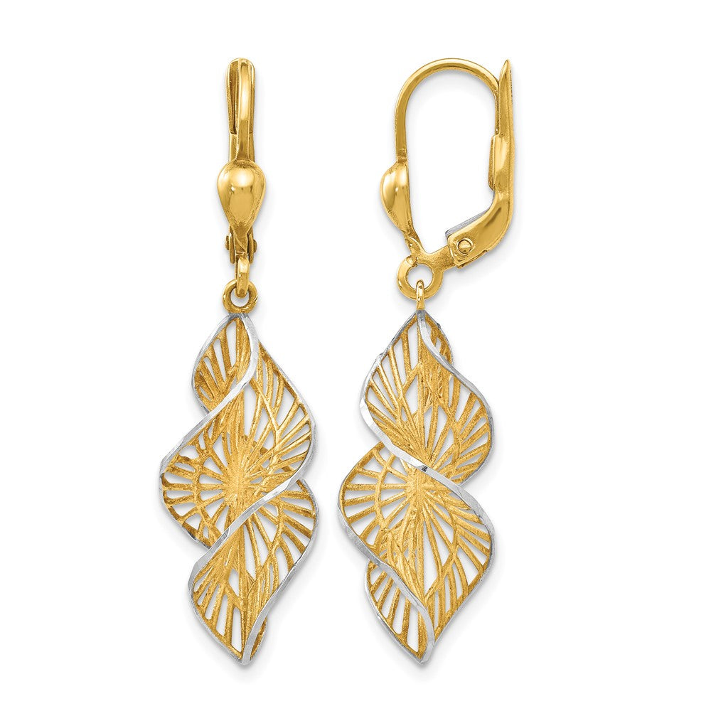14K w/White Rhodium Textured and D/C Leverback Earrings, 40 x 10 mm
