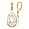 14K Tri-color Polished and D/C Leverback Earrings, 43 x 18 mm
