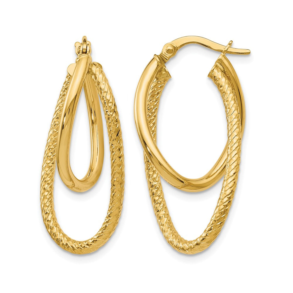 14K Polished and Textured Hinged Hoop Earrings, 28 x 3 mm