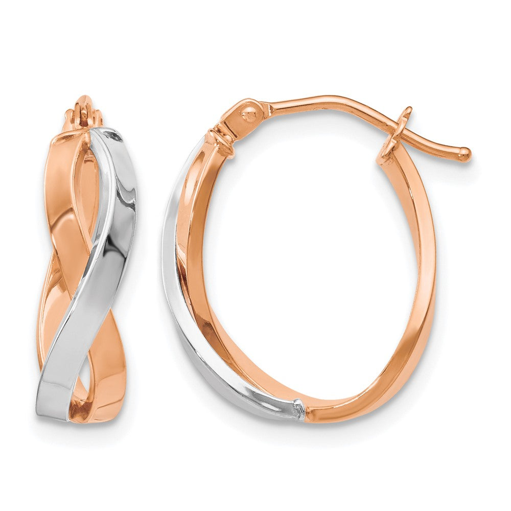 14K with White Rhodium and Rose Gold Plating Polished Hinged Hoop Earrings, 18 x 5 mm