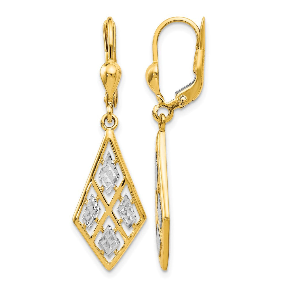 14K with Rhodium D/C Leverback Earrings, 37 x 11 mm