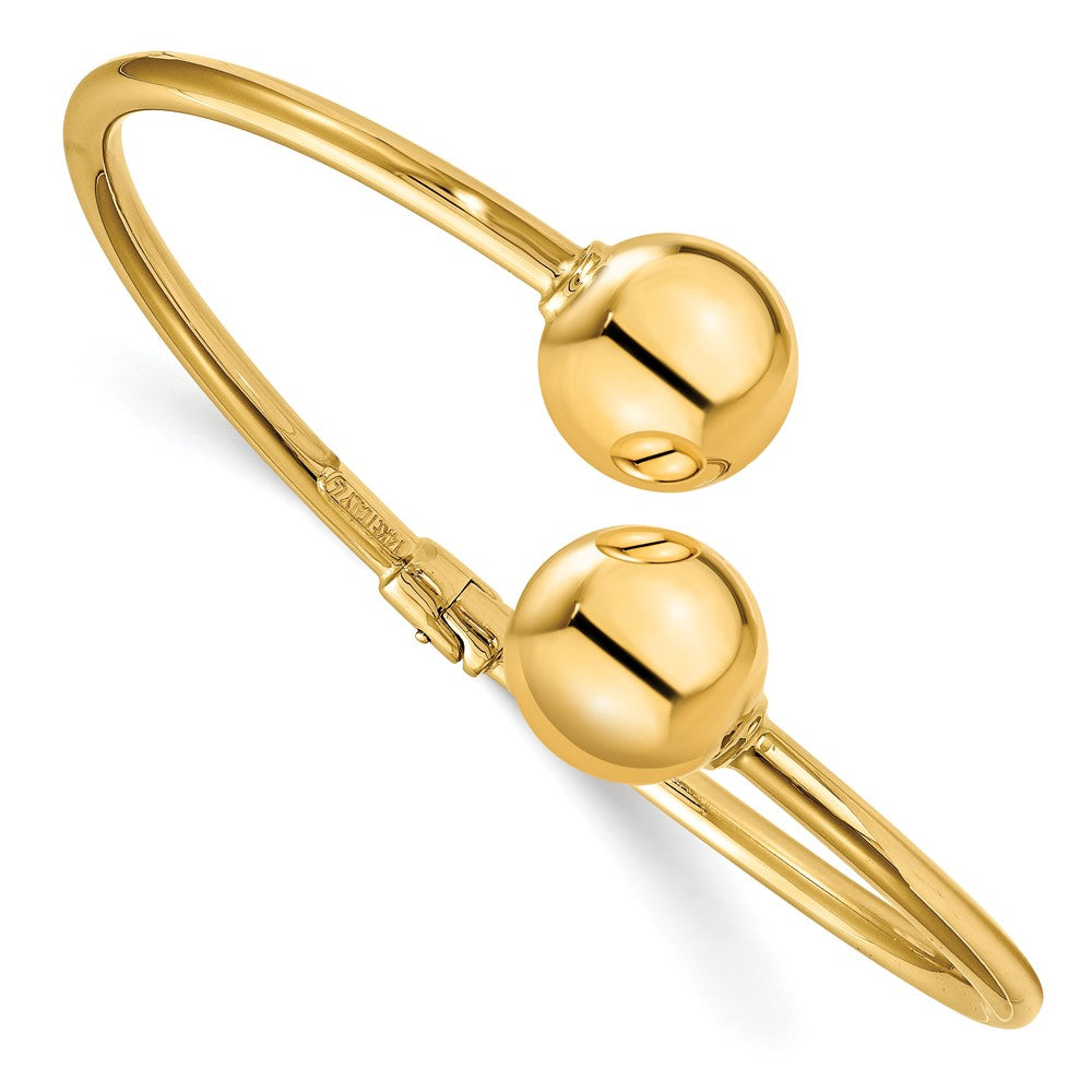 14K Polished Bypass Beads Hinged Cuff Bangle, 6 x 12.8 mm