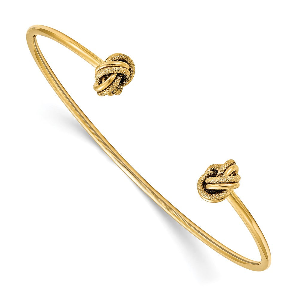 14K Polished and Textured Love Knot Flexible Cuff Bangle, 10 mm