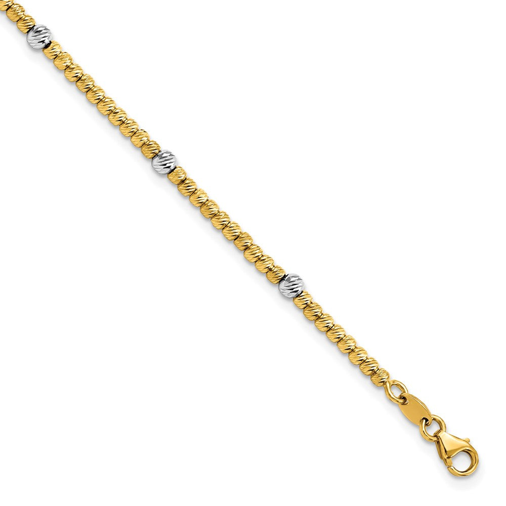 14K Two-tone Polished Diamond-cut 4mm Beaded 7.5 inch Bracelet, 7.5 x 4 mm