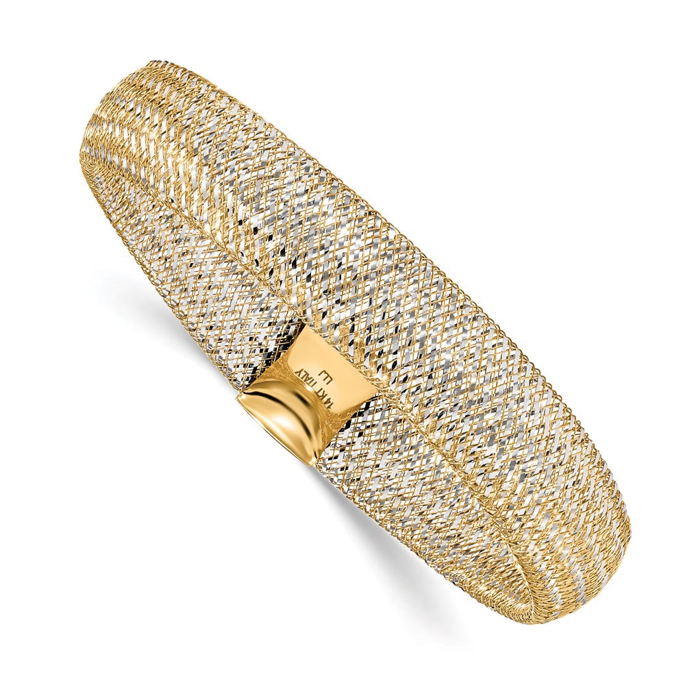 14K with Rhodium Polished Mesh Stretch Bracelet, 6 x 11 mm