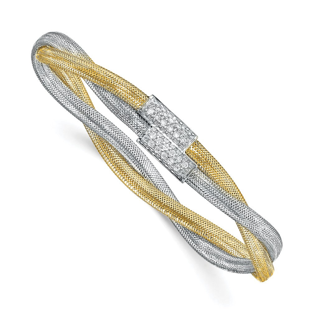 14K with White Rhodium CZ Polished Mesh Stretch Bracelet, 9 mm