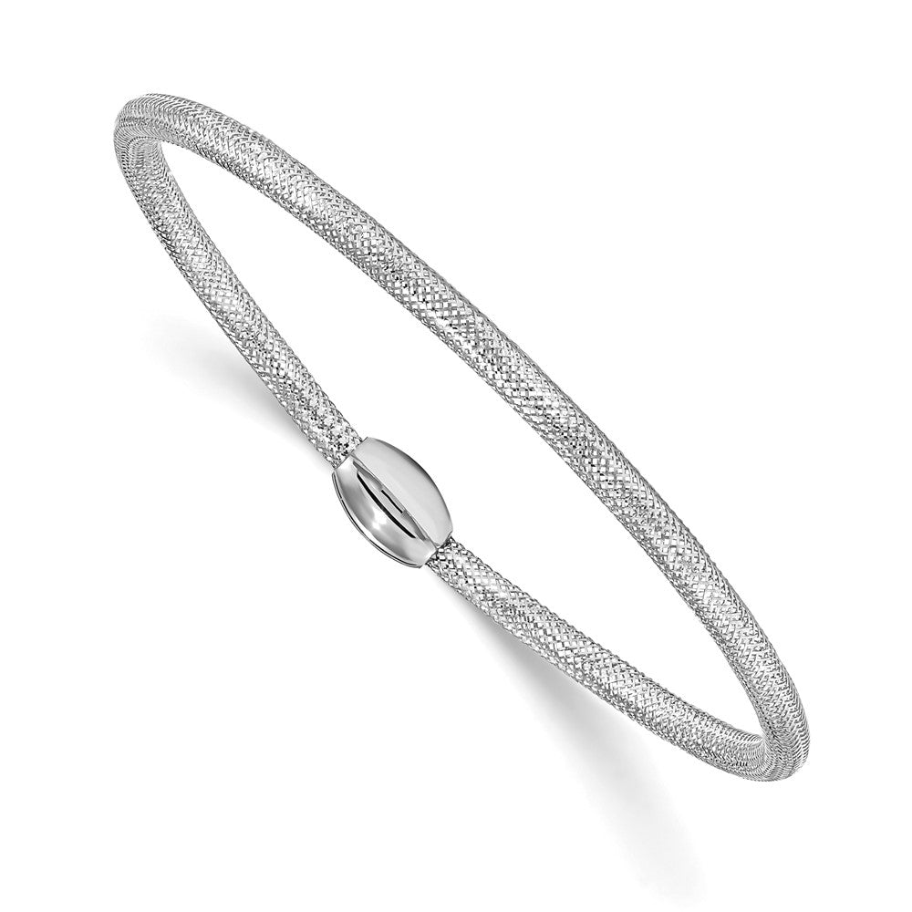 14K with White Rhodium plating Polished Mesh Stretch Bracelet, 3 mm