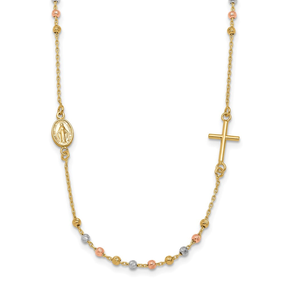 14K Tri-color Sideways Cross Beaded Rosary Style 18 inch Necklace, 18 mm