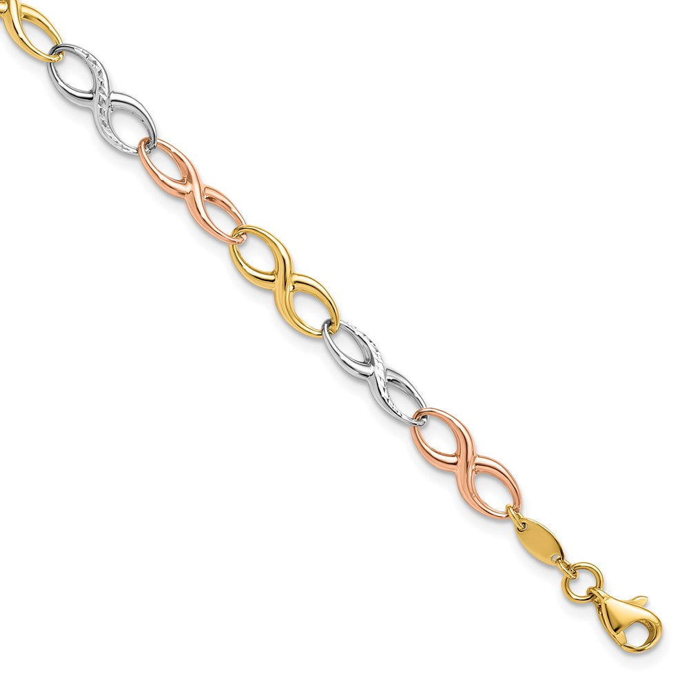 14K Tri-color Polished and Diamond-cut 5.00mm Infinity Symbol Link 7.5 inch Bracelet, 7.5 x 5 mm