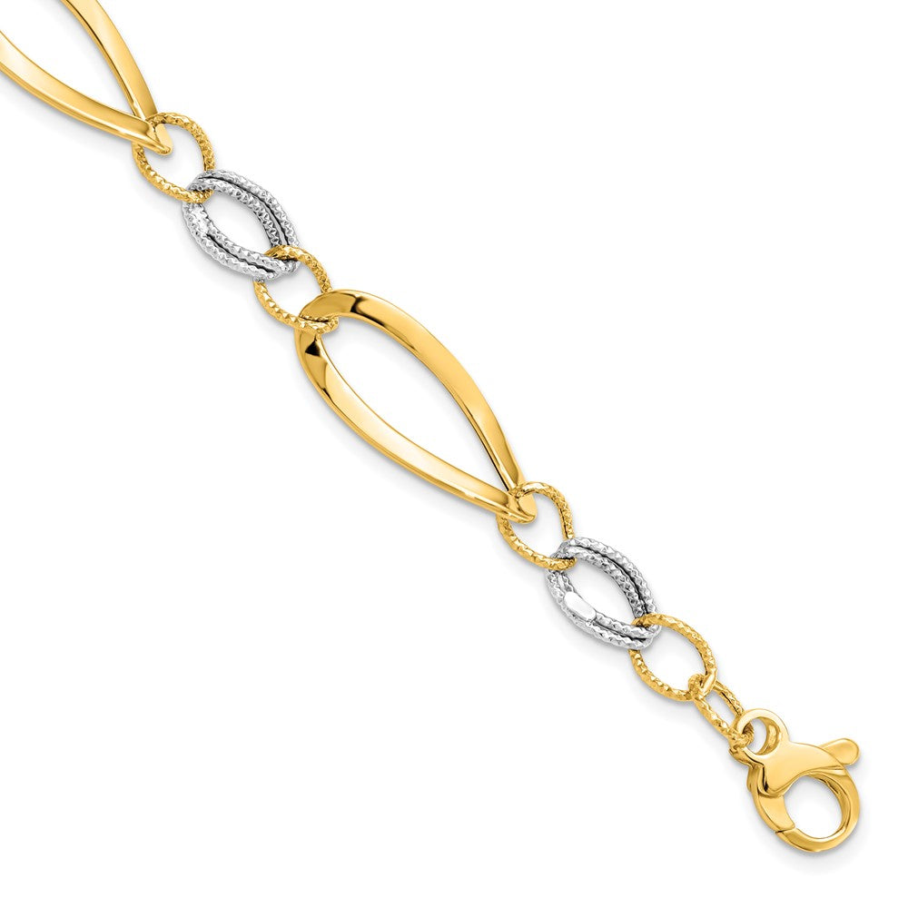 14K Two-tone Polished and Diamond-cut Link 7.25 inch with .5 inch extender Bracelet, 7.25 mm
