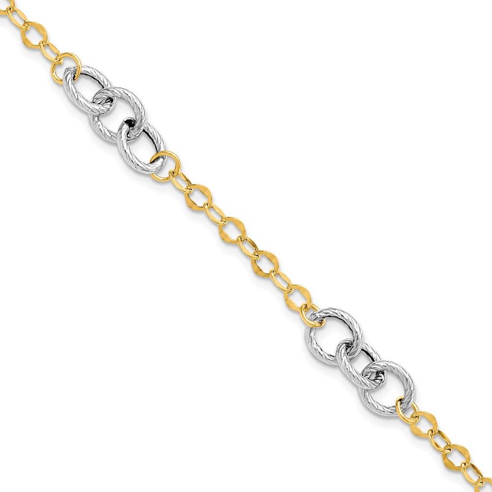 14K Two-tone Polished and Textured Fancy Link 7.5 inch Bracelet, 7.5 mm