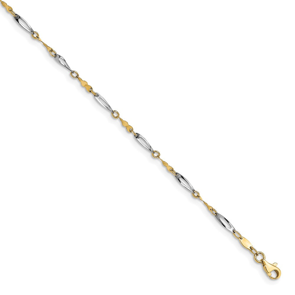 14K Two-tone Polished Fancy Link Anklet, 10 x 3 mm
