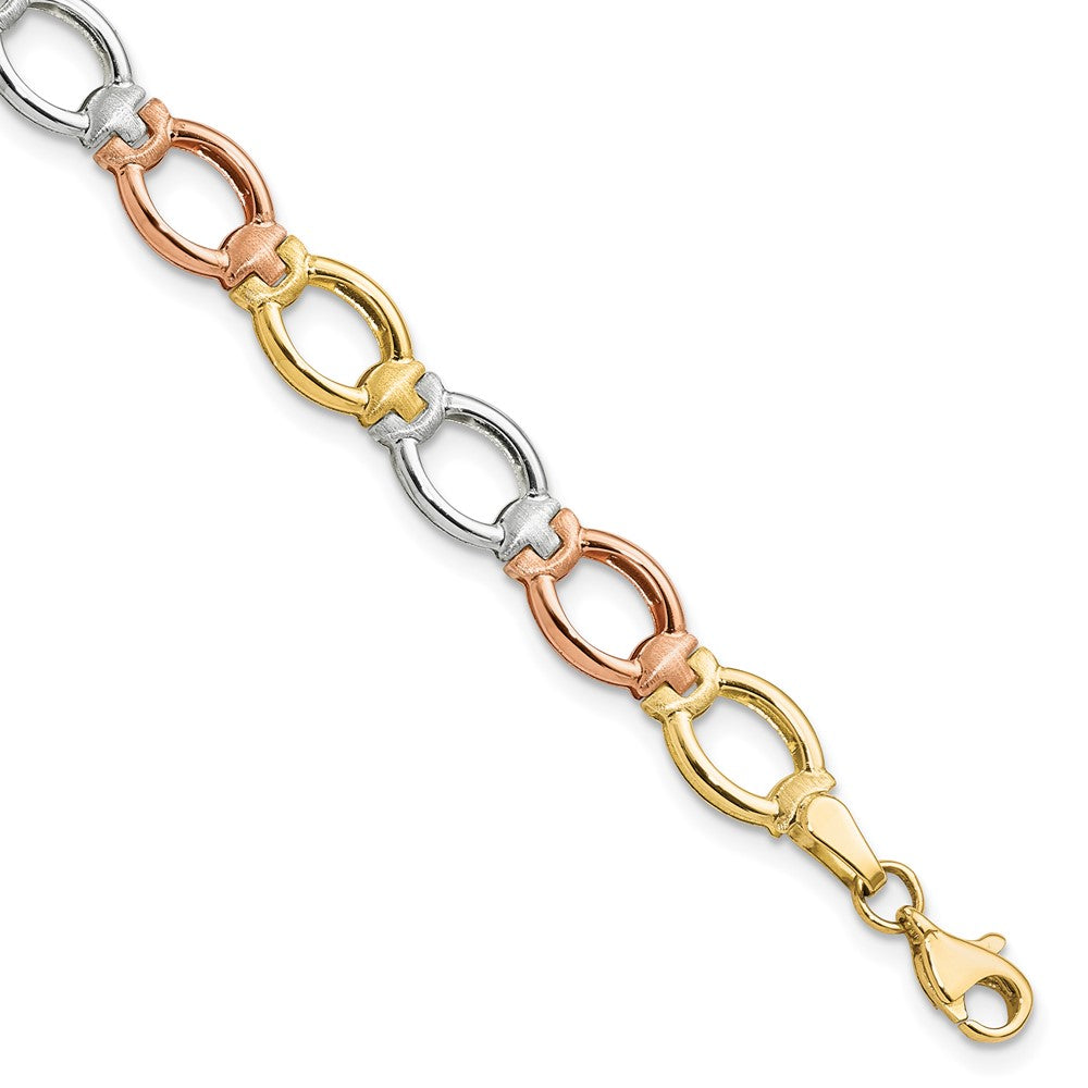 14K Tri-color Polished and Satin 7.0mm Open Link 7.5 inch Bracelet, 7.5 x 7 mm
