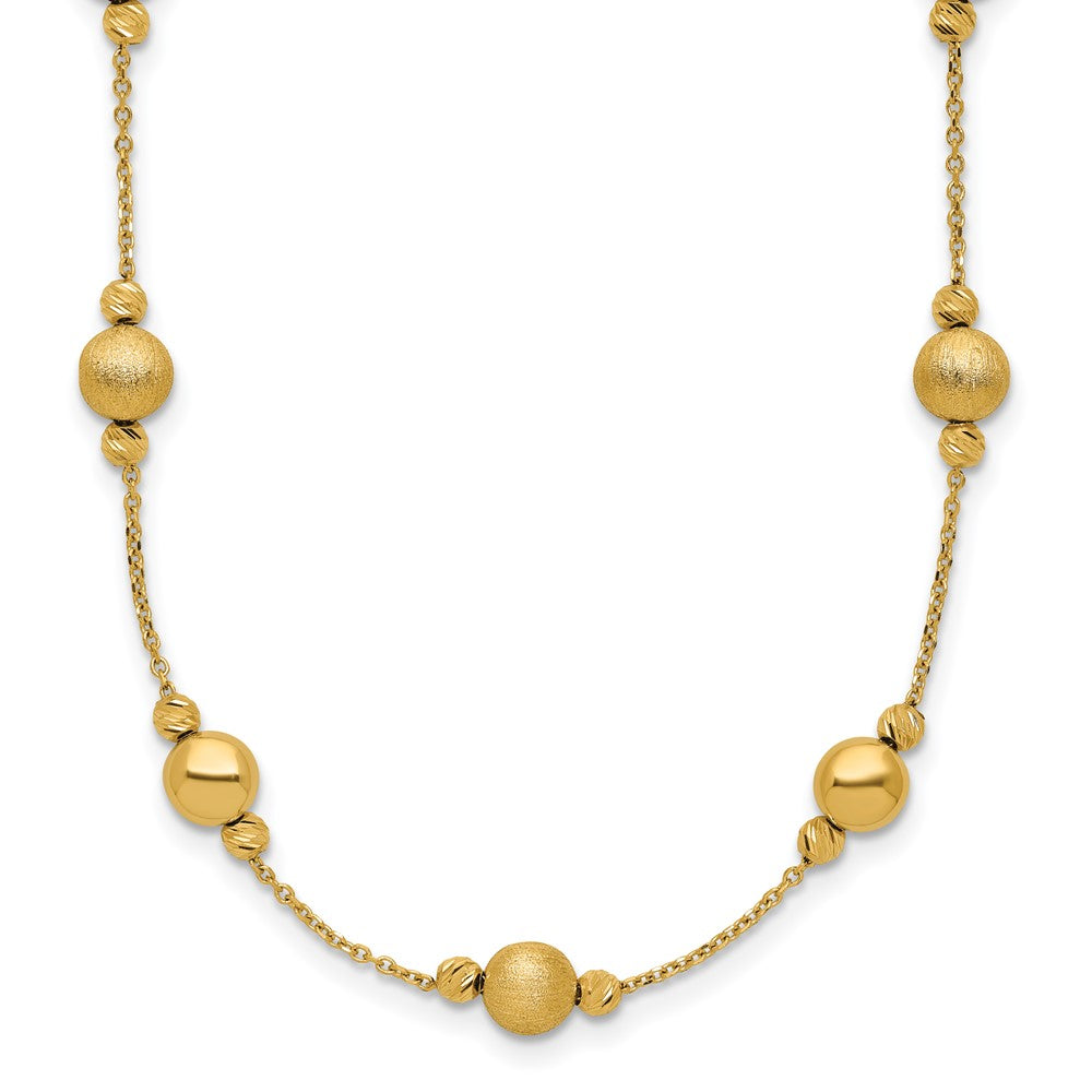 14K Polished Diamond-cut and Scratch Finish Station Beads 17 inch Necklace, 17 mm