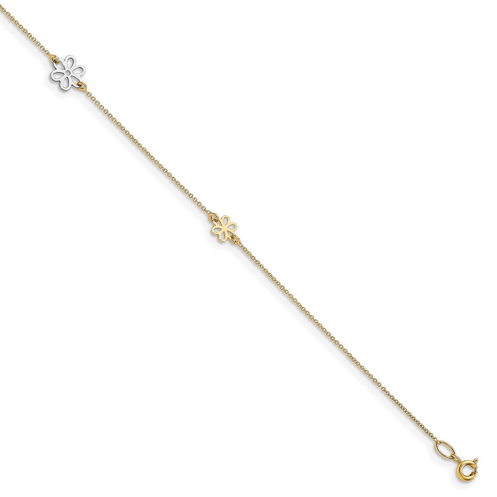 14K Two-tone Flower 3-Station 10 inch Plus 1 inch Extender - Total 11 inch Anklet, 11 x 1 mm