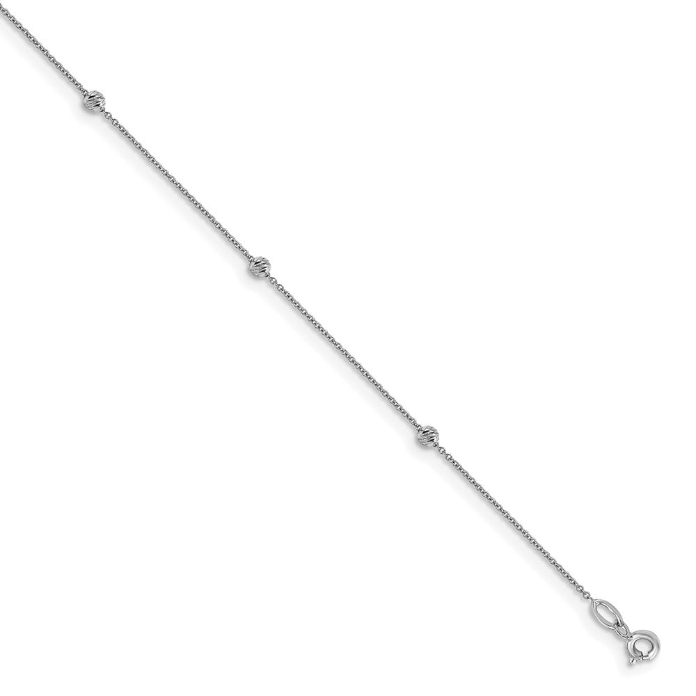 14K White Gold Diamond-cut Bead 6-Station 10 inch Plus 1 inch Extender - Total 11 inch Anklet, 11 x 1 mm