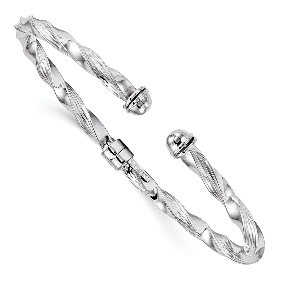 14K White Gold Polished Textured Hinge Cuff Bangle, 4 mm