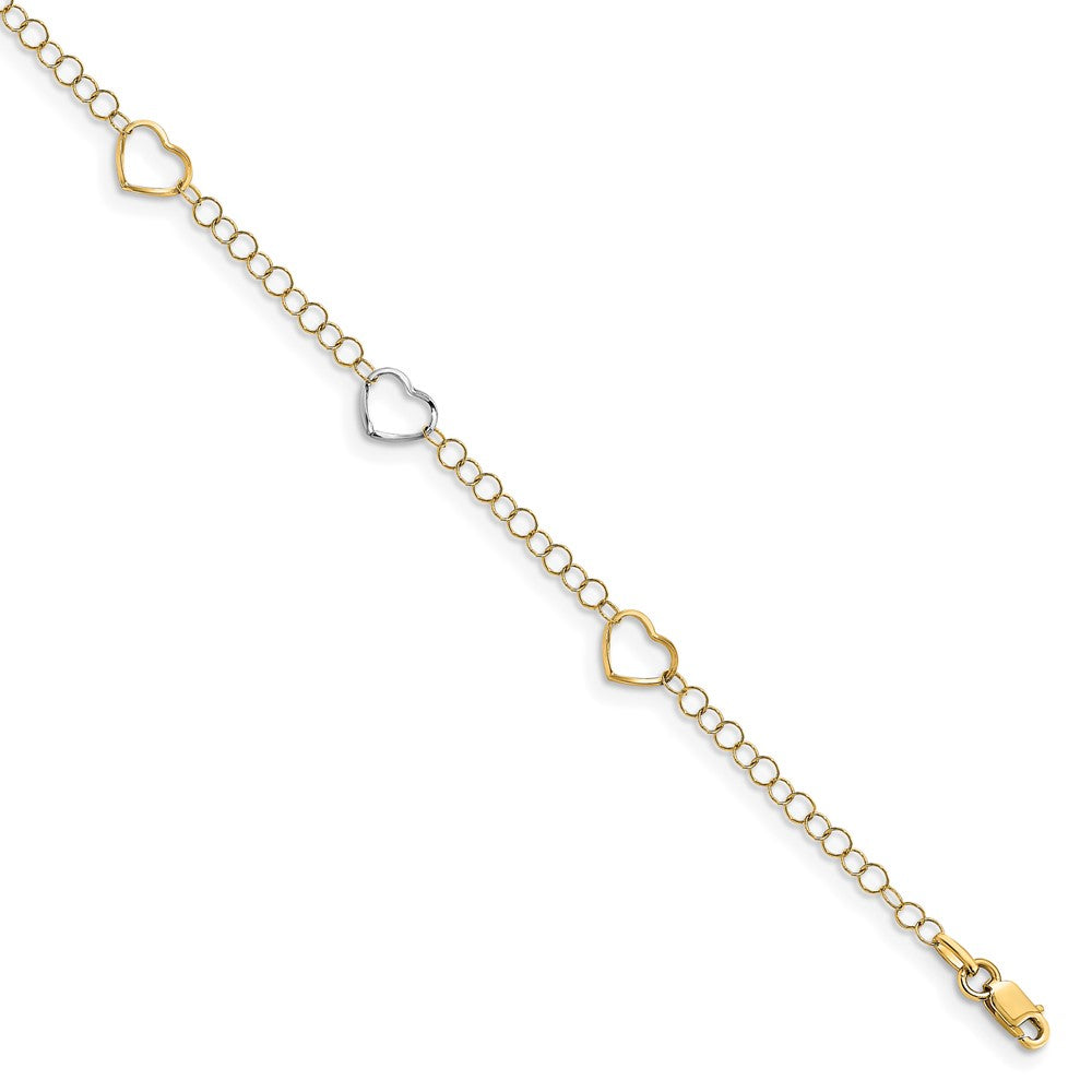 14K Two-tone Polished Heart with 1in ext. Anklet, 9 x 3 mm
