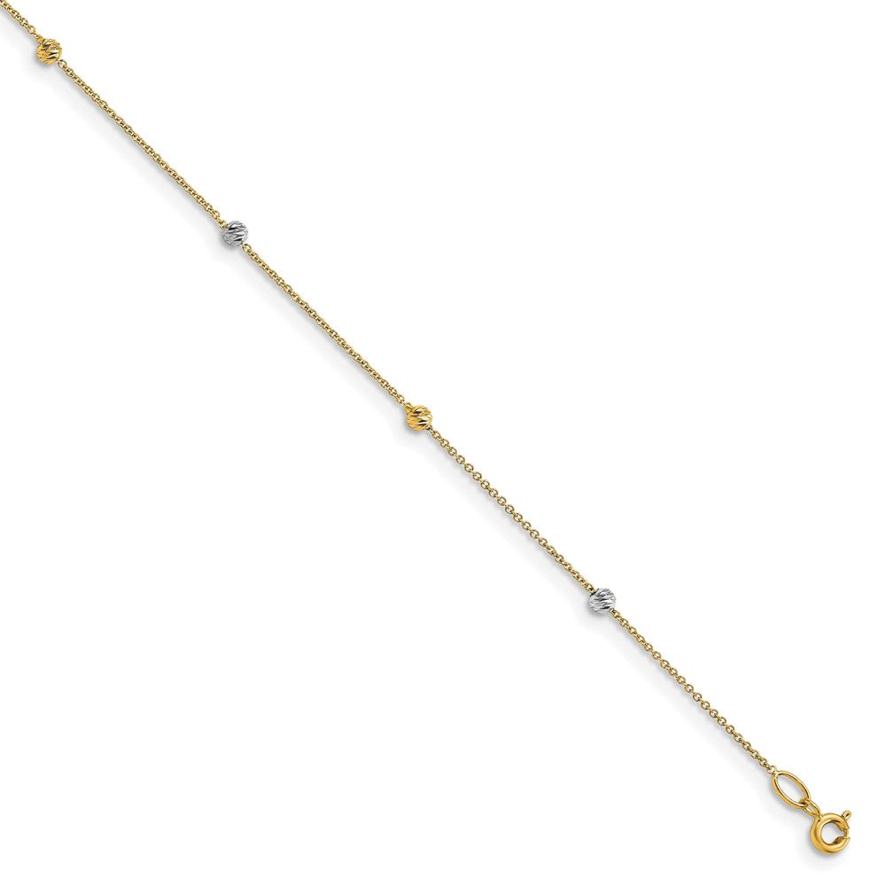 14K Two-Tone Diamond-cut Bead 6-Station 9 inch Plus 1 inch Extender - Total 10 inch Anklet, 10 x 1 mm