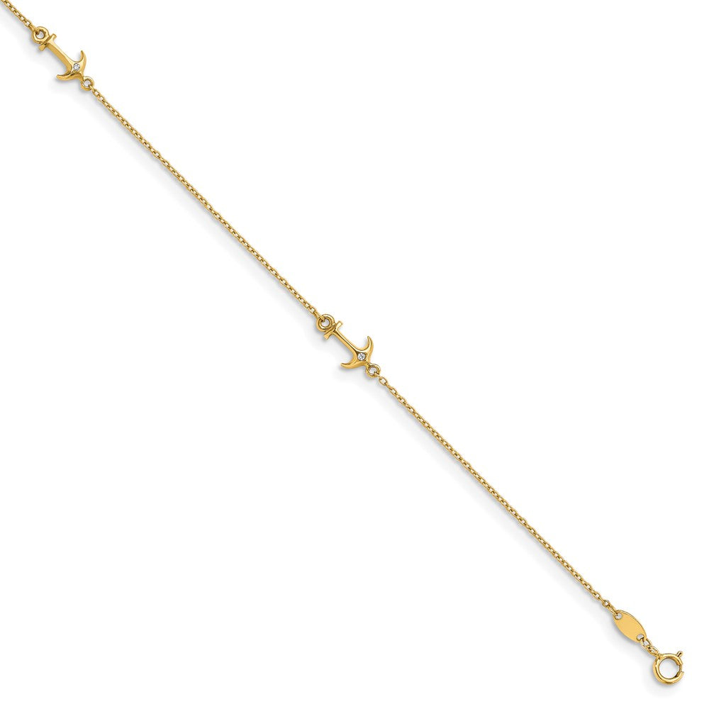 14K CZ Anchor 3-Station 9 inch Plus 1 inch Extender - Total 10 inch Anklet, 10 x 1 mm