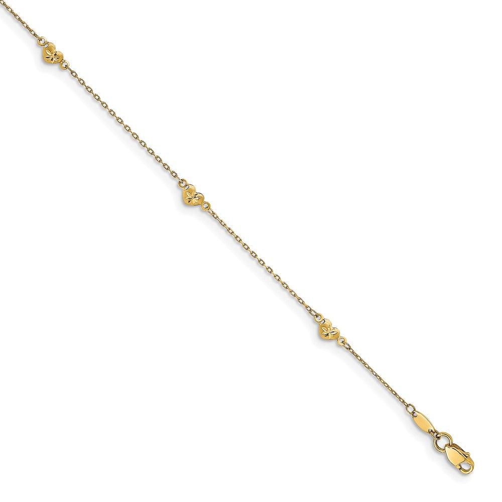 14K Diamond-cut Heart 5-Station 9 inch Plus 1 inch Extender - Total 10 inch Anklet, 10 x 1 mm