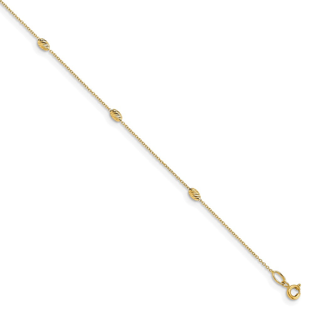 14K Diamond-cut Oval Beads 6-Station 10 inch Plus 1 inch Extender - Total 11 inch Anklet, 11 x 6 mm