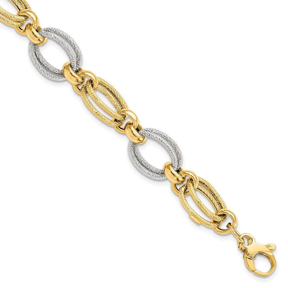 14K Two-tone Polished and Textured 11.0mm Fancy Link 8 inch Bracelet, 8 x 11 mm