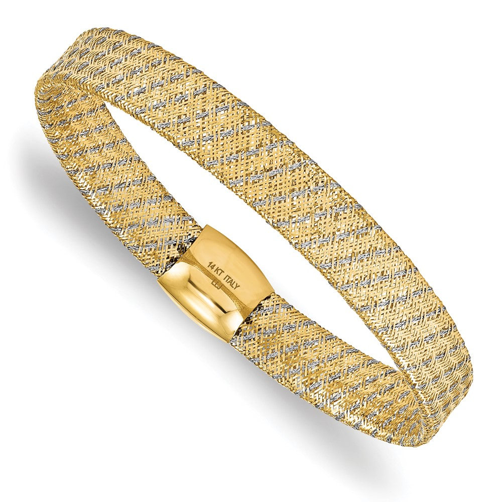 14K w/Rhodium Polished Mesh Stretch Bracelet, 7.5 x 9 mm