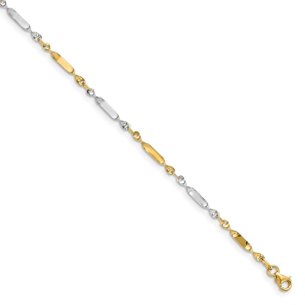 14K Two-tone Polished Twisted Link Anklet, 10 x 3 mm