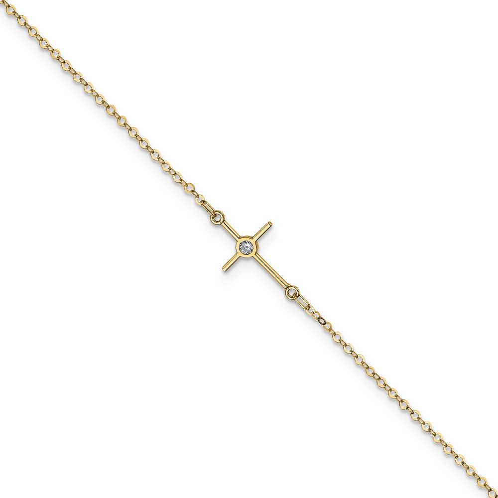 14K Polished CZ Cross 10 inch Anklet, 10 x 2 mm