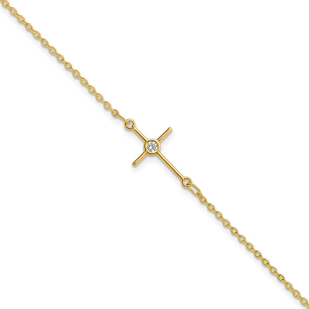 14K Polished Cubic Zirconia Cross 7 inch with 1 inch extender Bracelet, 7 x 7.25 mm