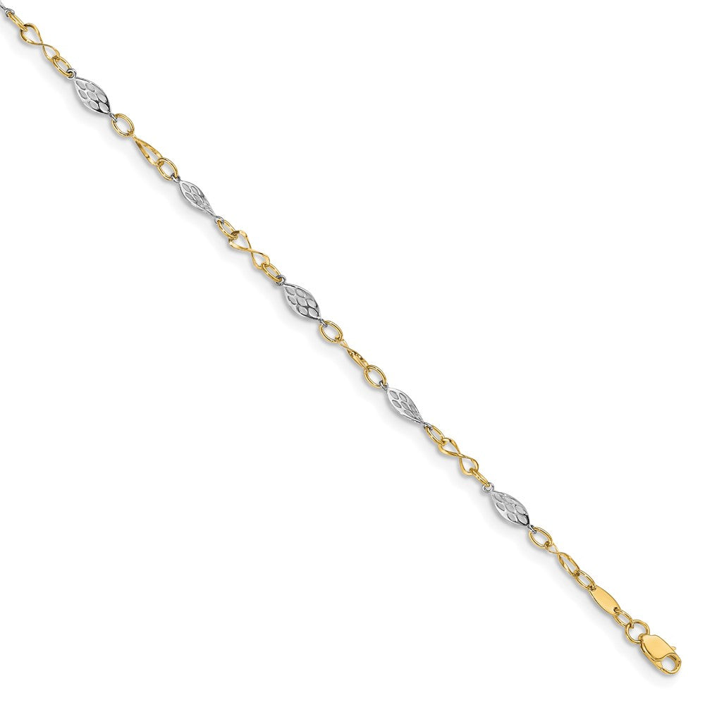 14K Two-tone Fancy Link 9 inch Plus 1 inch Extender - Total 10 inch Anklet, 10 x 4 mm