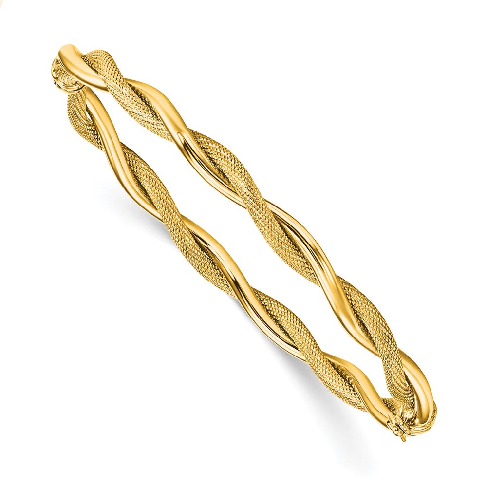14K Polished and Textured Twist Bangle, 7.5 x 5 mm