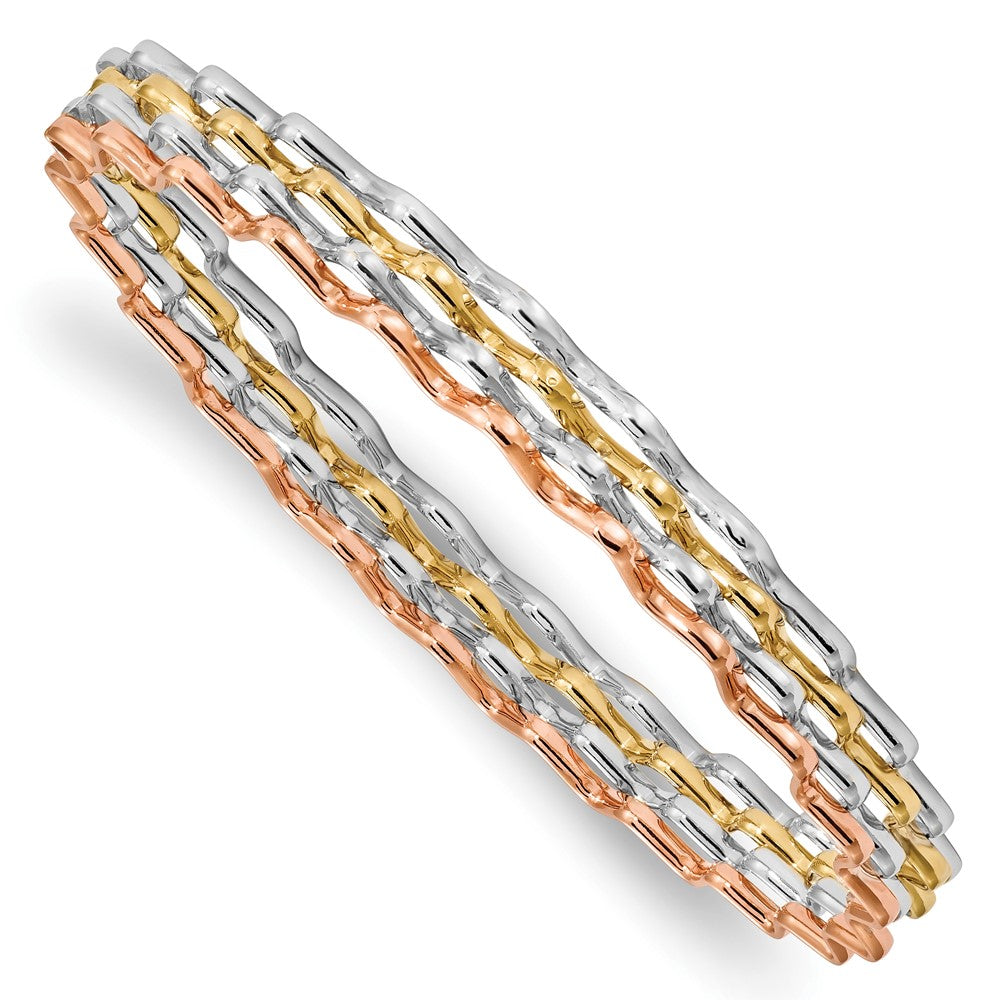 14K Tri-color Polished 4 Wavy Slip-On Bangle, 8.2 mm
