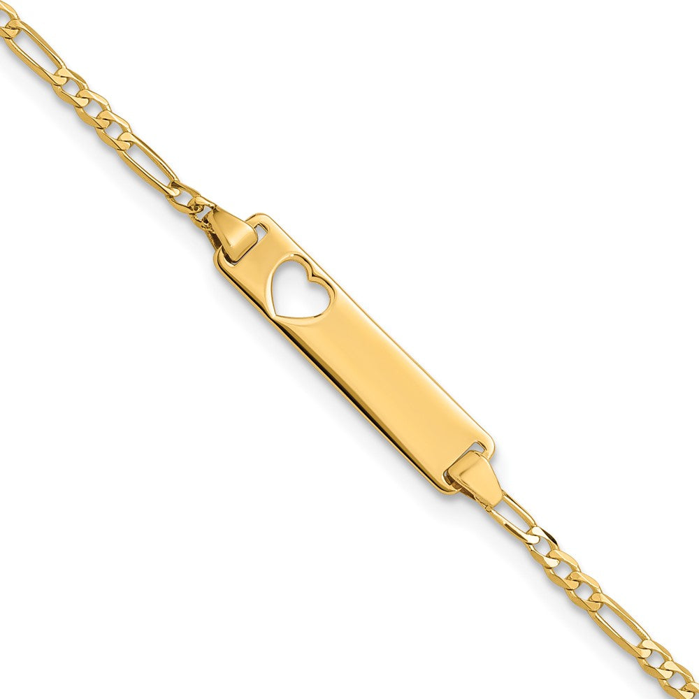 14k Polished Solid Chain/Solid Plate Figaro Link Cut-out Heart 20x5mm Plate 7 inch ID Bracelet, 7 x 5 mm, 2.07 g